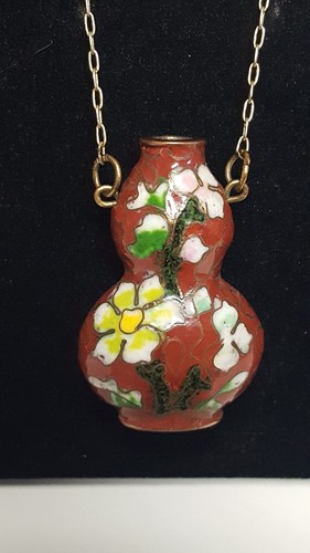 Vtg Cloisonne Vase Pendant Necklace Brass Floral Enamel Vessel 1.5" GT 18" Chain - Picture 10 of 18
