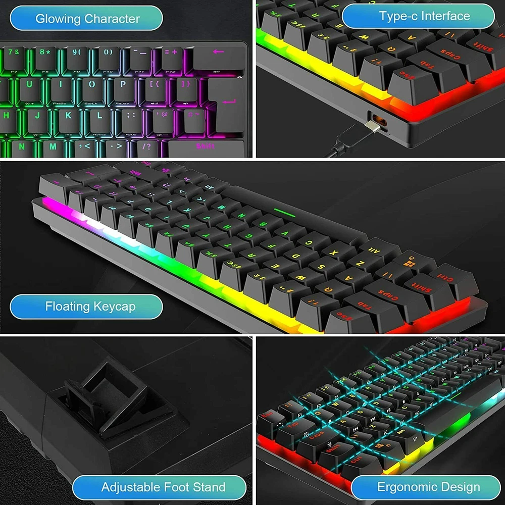 Compact 62-Key Wired Mechanical RGB Gaming Keyboard Compatible with PS4