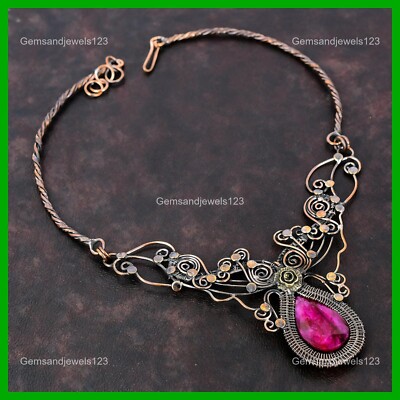 Natural Kashmir Rubi Chain Daughter Wire Wrapped Flower Necklace Jewelry Copper