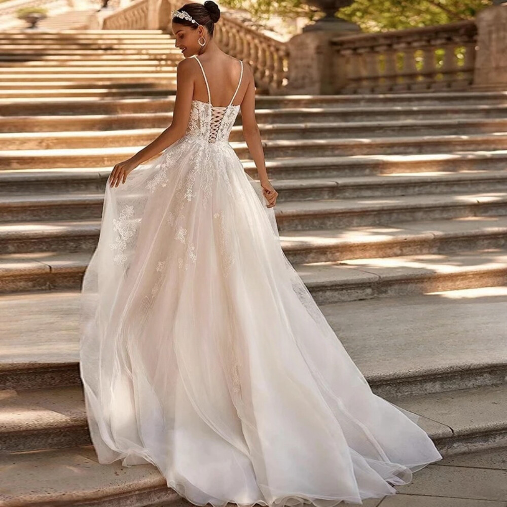 Square Neck Wedding Dresses Appliques Sleeveless Backless Tulle Bridal Gowns  New | eBay