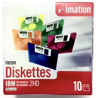 Imation NEON Diskettes 10 Pack 2HD IBM Formatted 1.44MB 3.5'' Floppy Disks w/Case