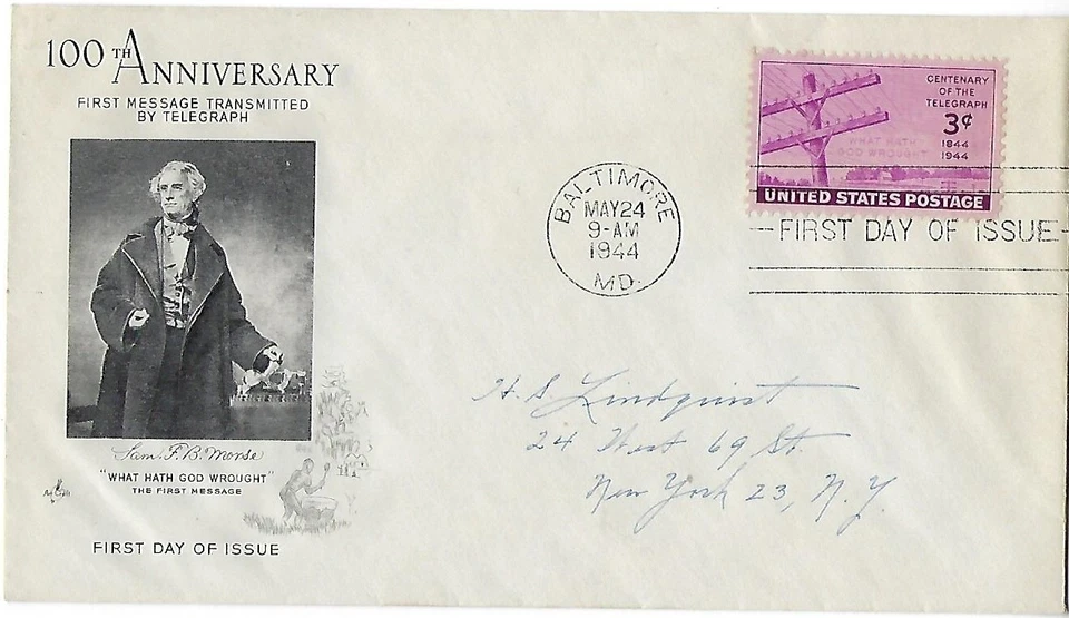 4 '44 FDCs 100th Anniv. of Telegraph SC#924 on Grimsland Cachet Craft, ArtCraft - Image 4 of 4