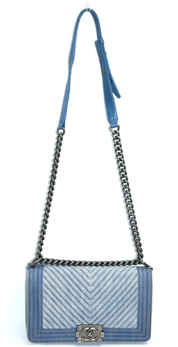 Chanel Blue Chevron Quilted Denim Small Boy Shoulder Bag