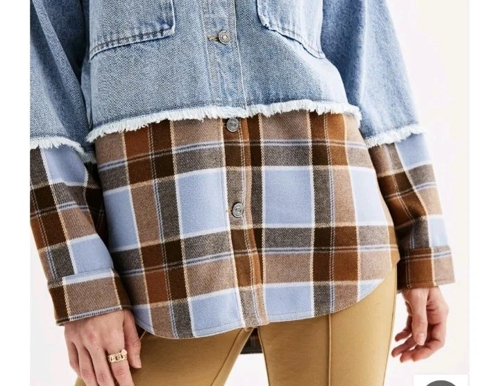 Juniors ' SO denim & plaid mixed media jacket Size Large Oversized Women's - Image 3 of 4