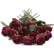 IPOPU Burgundy Roses Artificial Flowers 12PCS Roses Flowers Heads Dried Silk ...