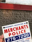 VINTAGE MINTY CLEAN CRISP c1950 PORCELAIN ENAMEL “MERCHANTS POLICE” WARNING SIGN