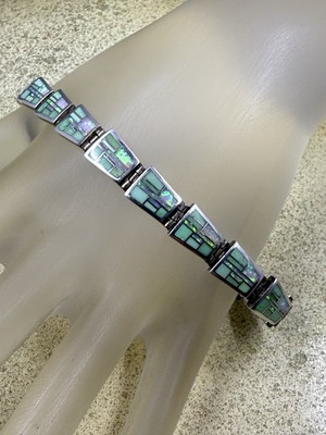 ASC Inlaid Opal Link Toggle Clasp Sterling Silver .925 Adjustable Bracelet