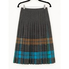 Pendleton Turnabout Skirt Women Size M Grey Teal Plaid Pleated Wool Vintage