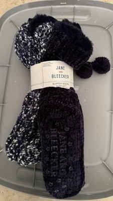 Jane and Bleecker Slipper Socks 2 Pairs 4-10 Navy/White Speckled Lined Non-Slip