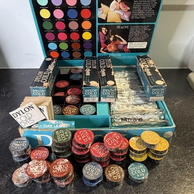 Huge Lot 1960s Dylon Cold Dyes Retail Display Kit Hippie Tie Dye 160+ Pieces