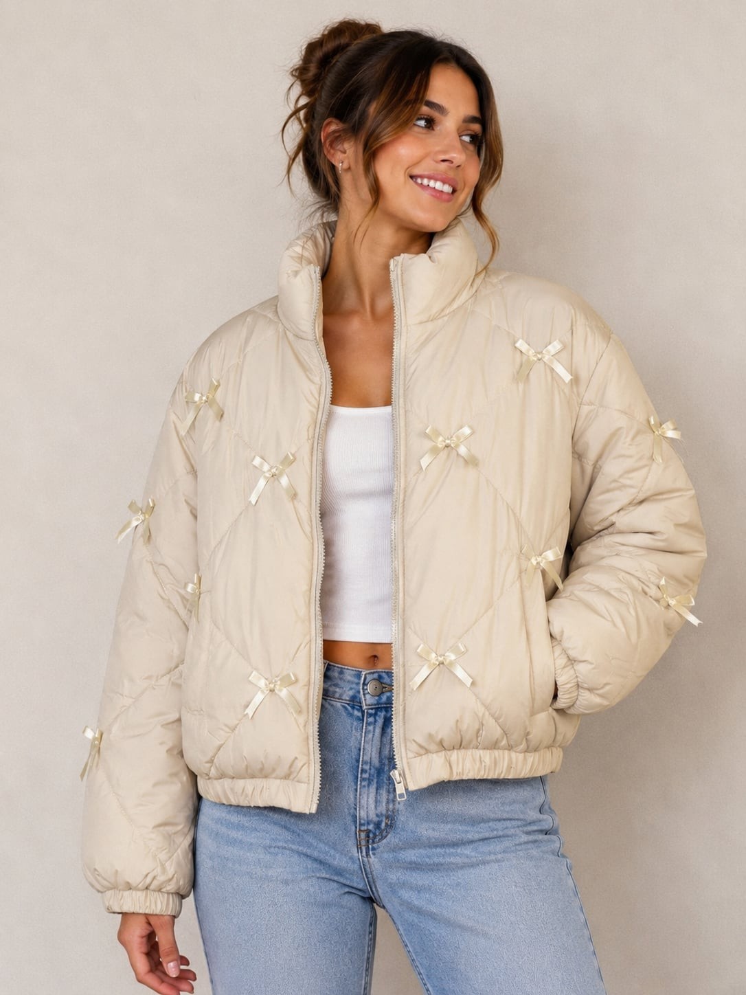 Fashion Nova Cuteness Overload Bow Nylon Puffer Jacket in Cream