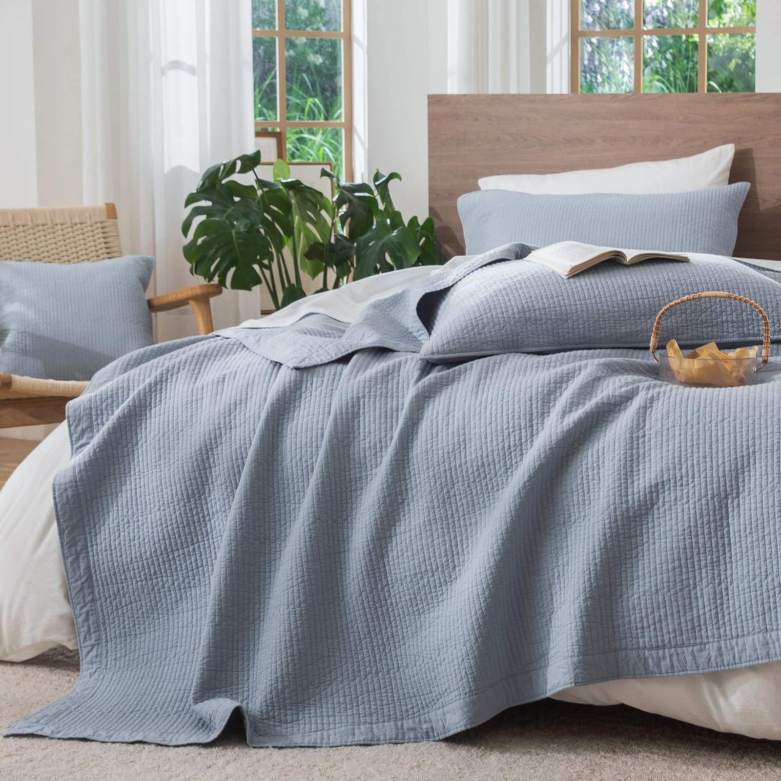 Stripe Stitch Quilt Set 100% Washed Cotton Coverlet Bedspread Linen Like with...