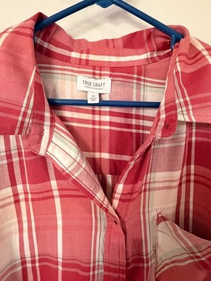 True Craft Womens Plaid Button Up Shirt Red Coral Long Sleeve Plus Size 2X