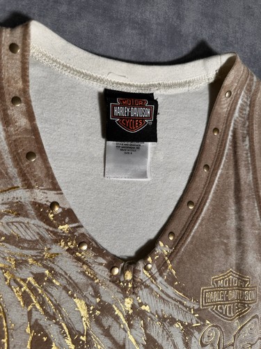 Camiseta sin mangas Harley Davidson Y2K para mujer Eagle marrón y crema metálica dorada tachonada AO - Imagen 3 de 6