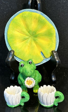 Vtg Miniature 5-Piece Frog/Lilypad/Daisy Cups Hand painted Vivid Green Small 16
