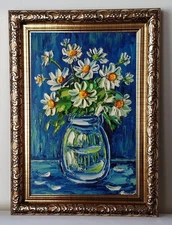 Daisy Flowers In Vase Art Still Life 4x6 in Impasto oil painting original Framed
