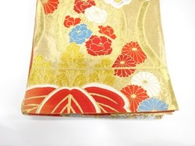 7761798: JAPANESE KIMONO / ANTIQUE FUKURO OBI / SILK / WOVEN KIKU & PAULOWNIA