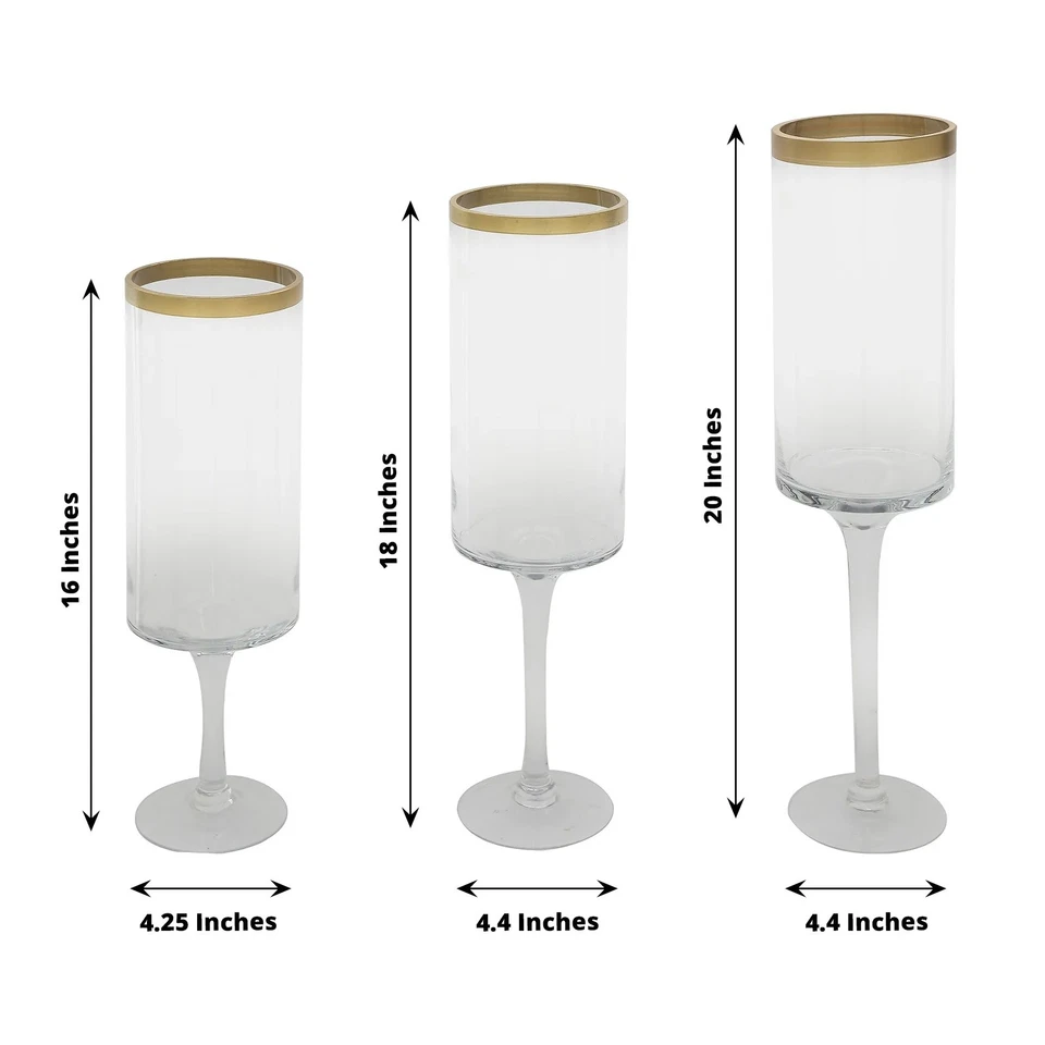 3 SOPORTES PARA VELAS TRANSPARENTES de vidrio de huracán de tallo largo con borde dorado decoraciones de fiesta Foto 2 de 4