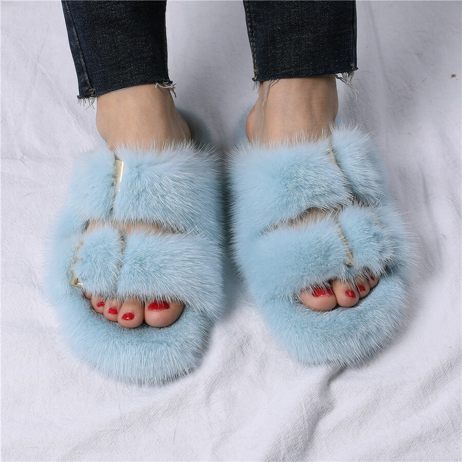 Luxury Women's Winter Real Mink Fur Slippers Slides Top Quality Lady Sandals