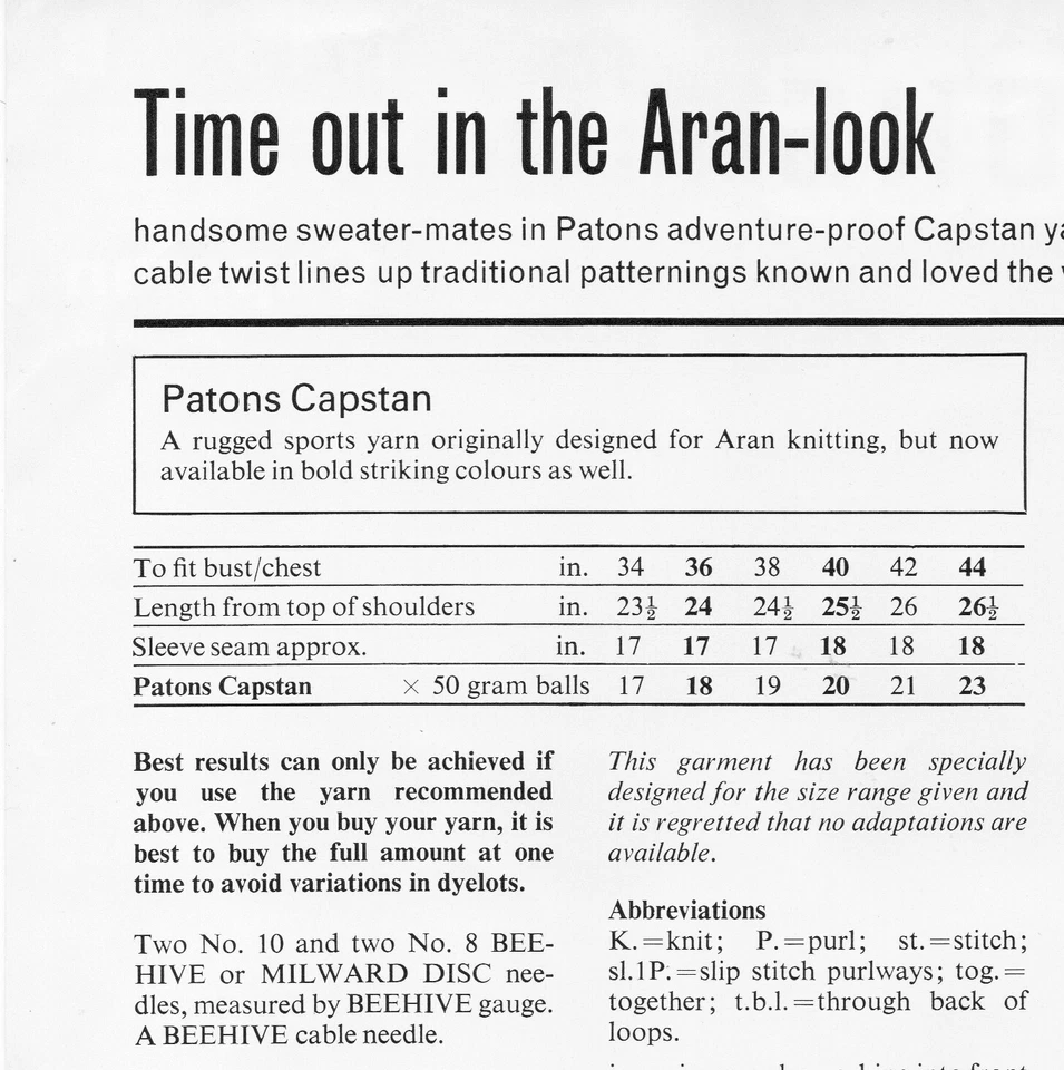 Man Lady Aran Sweater Size 87-112cm 34-44in Patons Capstan 1143 - Pattern PRINT - Image 3 of 3