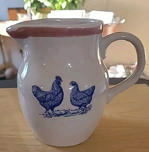 Vintage Ceramic Pottery Blue Rooster Chicken Water Eggs Milk Pitcher 2 Quart - Picture 5 of 5