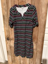 TALBOTS 100% Cotton Knit Shift Dress Short Sleeve Navy & Multicolor Stripe Sz L