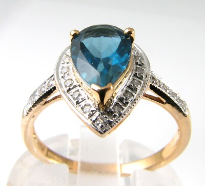 9CT GOLD PEAR LONDON BLUE TOPAZ DIAMOND CLUSTER HALO RING SIze