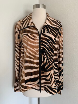 Clara Sun Woo Sequin Zip Animal Zebra Print Jacket Brown Womens Plus Size 1X