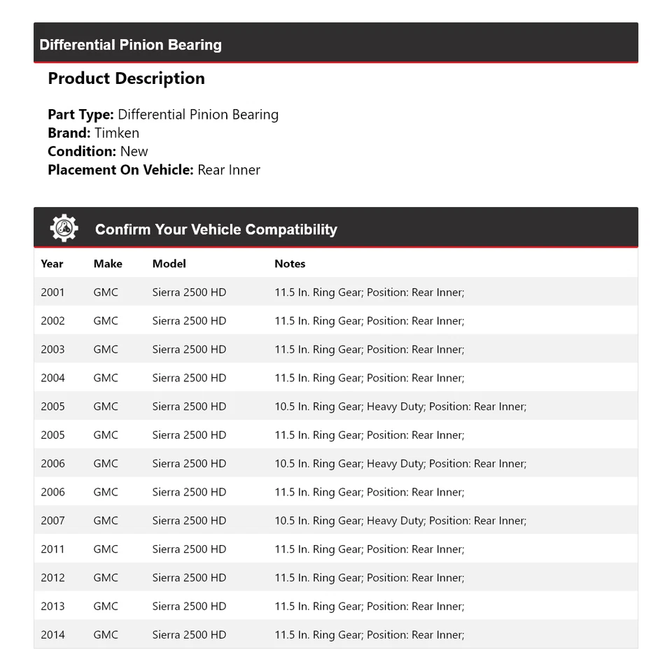 Cojinete de piñón diferencial Timken para GMC Sierra 2500 HD 2001-2007, 2011-2014 Foto 2 de 4