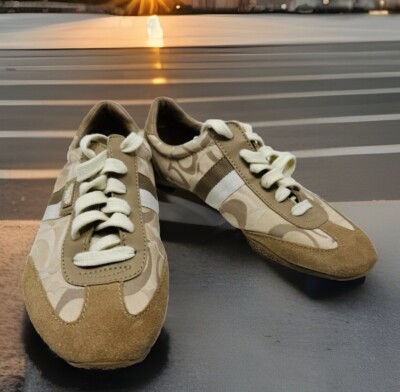 Coach Size8M Wmns Q986 L-Kinsley C Logo Beige Fabric Tan Suede Low Lace Sneakers