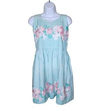 Vintage 80s Sleeveless Short Dress Womens M Green Floral Stripes Cottage Core