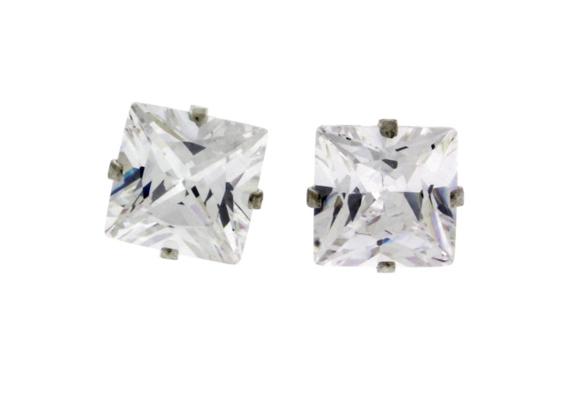 925 Sterling Silver Square Princes Cut CZ All Size Stud