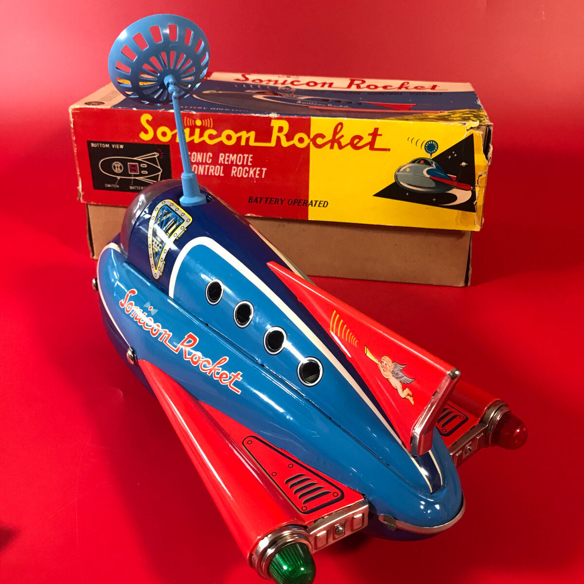 VINTAGE MASUDAYA BATTERY SONICON ROCKET REMOTE CONTROL WHISTLE TIN