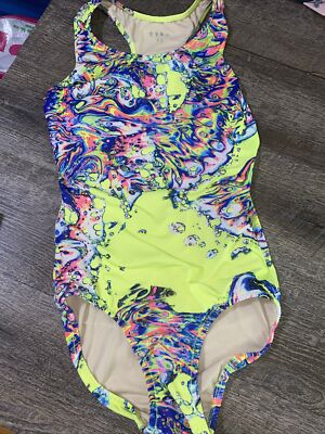 RYLC Sz 14 neon yellow green marble rainbow gymnastics leotard