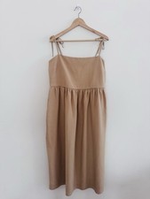 Uniqlo Linen Blend Midi Dress Size XL Beige Brown Pockets Tie Up Shoulder Strap