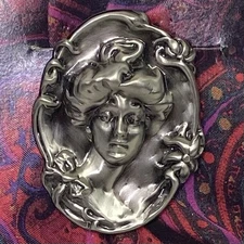 Vintage Lieba Shawl Clip Art Nouveau Woman Brooch Scarf Holder 2.15” USA Made