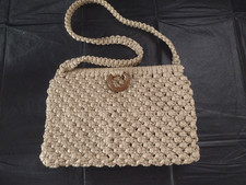 Vintage 70s Tan Macrame Crochet Boho Shoulder Bag Wood Rings
