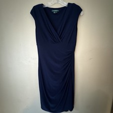 Lauren Ralph Lauren Dress Size 4 Navy Blue Faux Wrap V-Neck Ruched Sheath