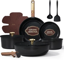 CAROTE 15Pcs Ceramic Cookware Non-Stick Non-Toxic Pot & Pan Set