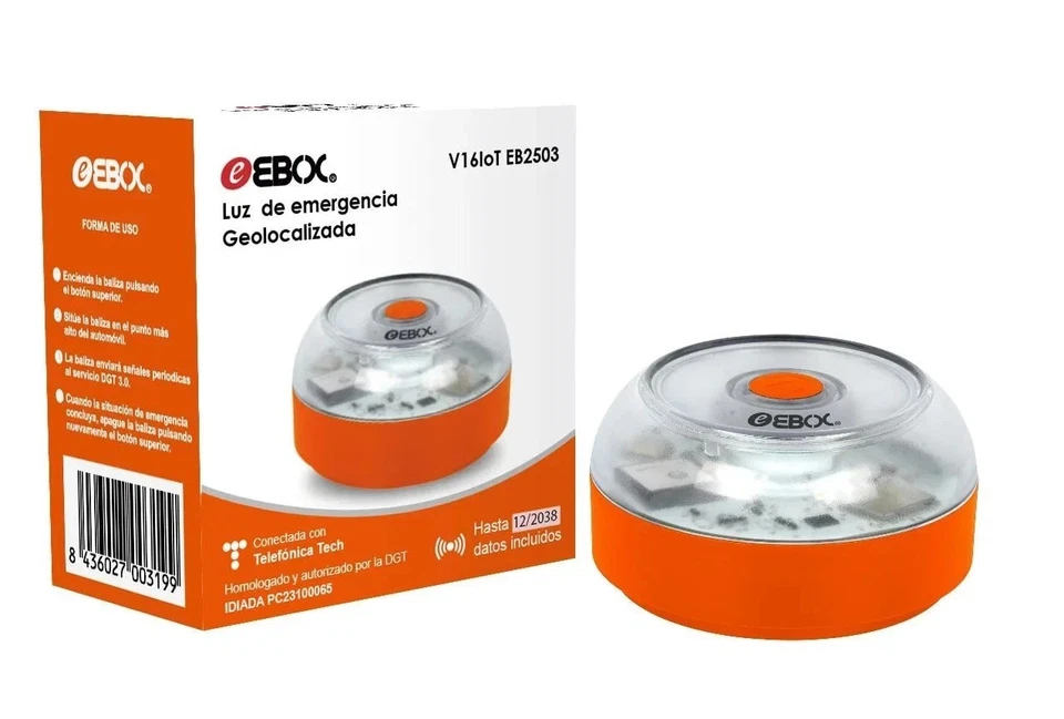 EBOX Luz Emergencia V16 Homologada DGT con Geolocalización, Baliza Coche Conecta