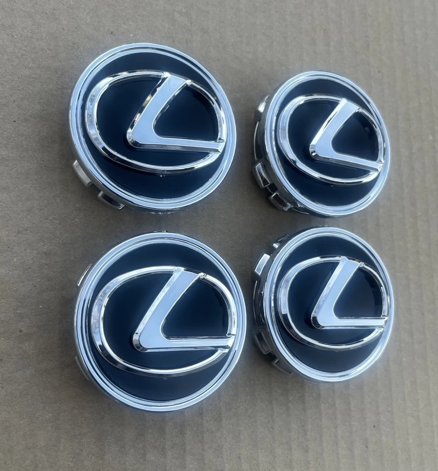 JUEGO DE 4 TAPACUBOS CENTRALES DE RUEDA NEGROS cromo logo línea cromada 62 mm/2,44 pulgadas se adapta a LEXUS Foto 2 de 4