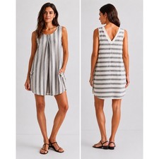 Zara Basic Striped Shift Dress Womens Small Cream Grey Cotton Coastal Boho