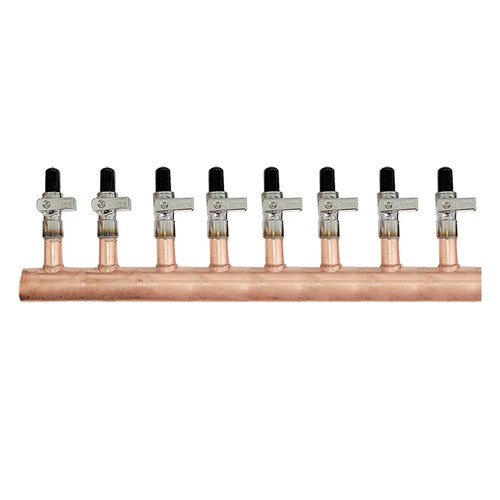 8 Loop 1" Copper Radiant Manifold w/ 1/2" Pex Crimp Mini-Ball Valve Fittings