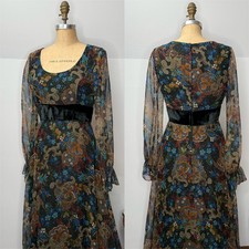 Vintage 70s Jack Bryan by Dupis S Maxi Dress Floral Print Sheer Sleeve Cocktail