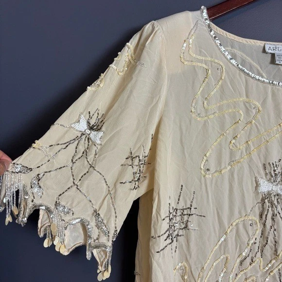 复古 80 年代 90 年代 Argenti 100% 真丝串珠衬衫上衣象牙白银色蝴蝶结亮片 M — 第 4/4 张图片