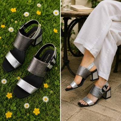 Bruno Premi Sandalen UK 4 Silber & Anthrazit Leder Blockabsatz Neu mit Defekt