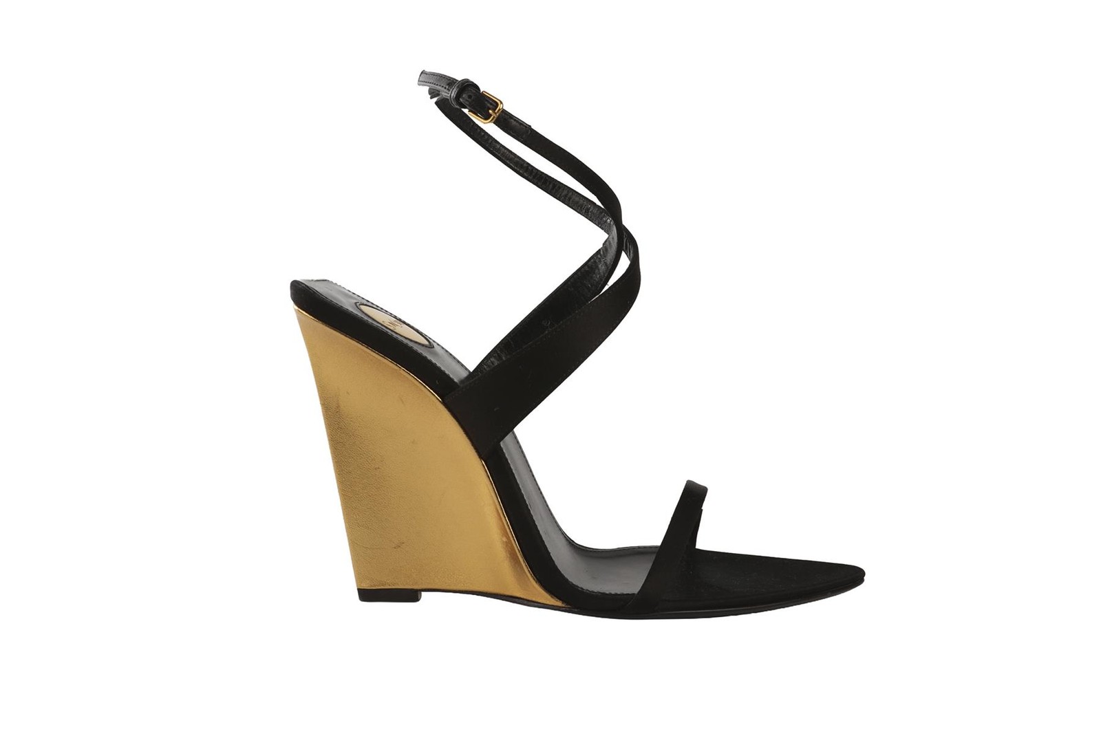 SAINT LAURENT BLACK SATIN SALOME WEDGE SANDALS EU 38.5 UK 5.5 US 8.5 image 2