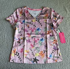 Koi Lite Scrub Top Women  s Medium Pink Toss Up Floral Nima Mesh Nursing Medical