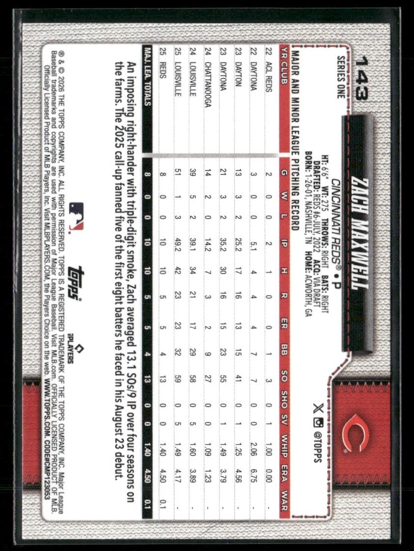 Zach Maxwell Rookie 2026 Topps Series 1 Cincinnati Reds #143 | eBay