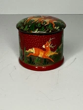 Red & Gold Animals Lacquer Handmade Wood Trinket Box Kashmir India Gumps 2” x 2”